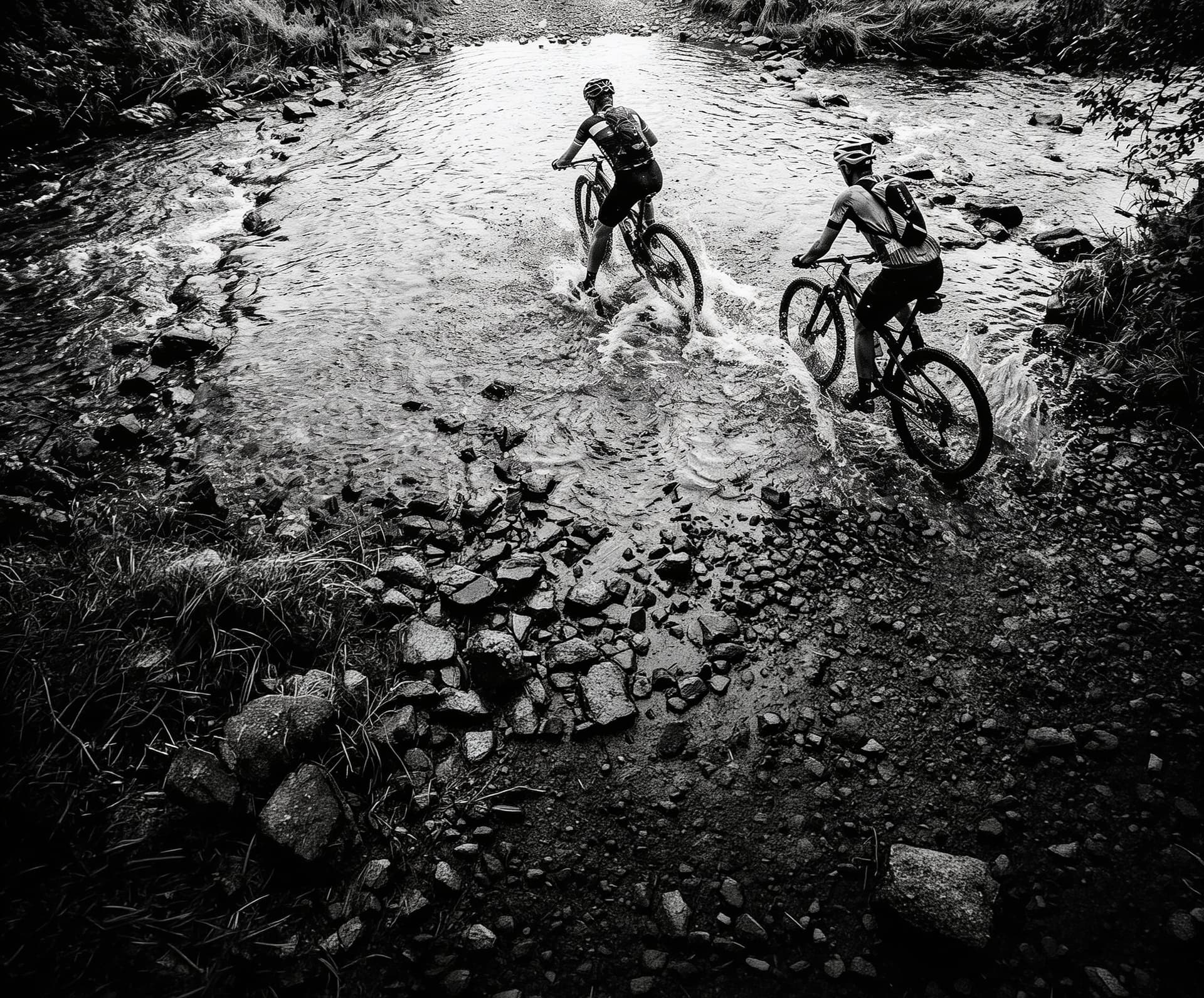 Two cyclists riding through a shallow bit of water on a dirt road